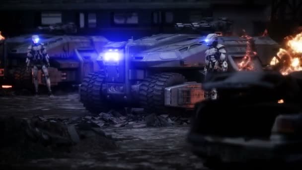 Katonai autó egy leégett apokaliptikus városban. Armageddon nézet. Reális tűzszimuláció. Poszttapokaliptikus. — Stock videók
