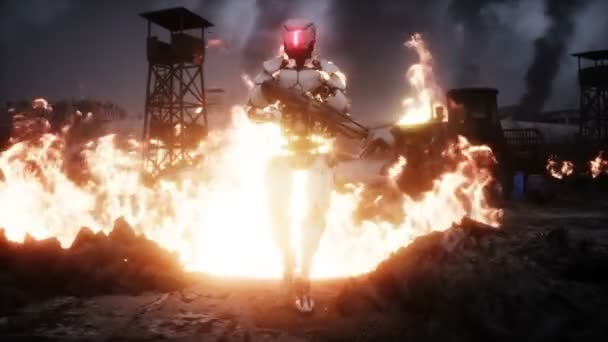 Robot militar en una ciudad apocalíptica en ruinas en llamas. Vista del Armagedón. Simulación realista de fuego. Postapocalíptico. — Vídeos de Stock