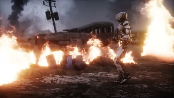 Military robot in a burning ruined apocalyptic city. Armageddon view. Realistic fire simulation. Postapocalyptic. — Stock Video