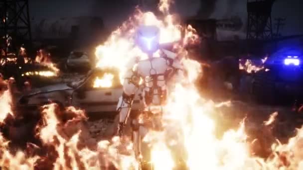 Military robot in a burning ruined apocalyptic city. Armageddon view. Realistic fire simulation. Postapocalyptic. — Stock Video