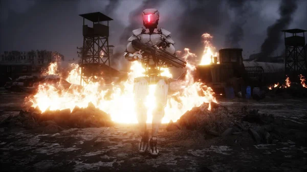 Militaire robot in een brandende verwoeste apocalyptische stad. Armageddon zicht. Realistische vuursimulatie. Postapocalyptisch. — Stockfoto