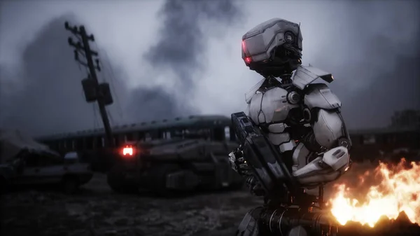 Στρατιωτικό ρομπότ σε μια κατεστραμμένη αποκαλυπτική πόλη. Θέα του Αρμαγεδδών. Ρεαλιστική προσομοίωση φωτιάς. Αποκαλυπτική. — Φωτογραφία Αρχείου