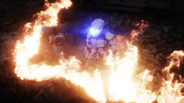 Robot militar en una ciudad apocalíptica en ruinas en llamas. Vista del Armagedón. Simulación realista de fuego. Postapocalíptico. — Foto de Stock