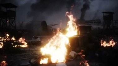 Mahvolmuş bir kıyamet şehrindeki askeri robot. Mahşer günü görüntüsü. Gerçekçi ateş simülasyonu. Kıyameti Sonrası.