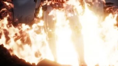 Mahvolmuş bir kıyamet şehrindeki askeri robot. Mahşer günü görüntüsü. Gerçekçi ateş simülasyonu. Kıyameti Sonrası.