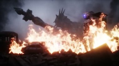 Amerikan kıyameti. Yanan bir şehirde askeri robot. Mahşer günü görüntüsü. Gerçekçi ateş simülasyonu. Kıyameti Sonrası.