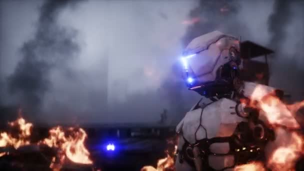 एक जलते हुए अपोकेलिप्टिक शहर में सैन्य रोबोट। आर्मगेडन दृश्य। वास्तविक आग सिमुलेशन। पोस्टपोकैलिप्टिक . — स्टॉक वीडियो