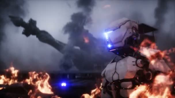 Robot militar en una ciudad apocalíptica en ruinas en llamas. Vista del Armagedón. Simulación realista de fuego. Postapocalíptico. — Vídeo de stock