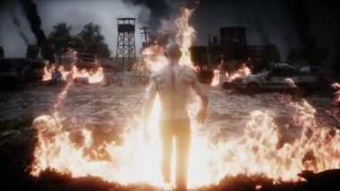 Mahvolmuş bir kıyamet şehrindeki zombi. Mahşer günü görüntüsü. Zombi kıyameti var. Gerçekçi 4k animasyonu.