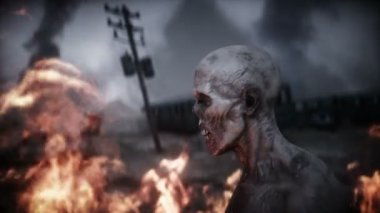 Mahvolmuş bir kıyamet şehrindeki zombi. Mahşer günü görüntüsü. Zombi kıyameti var. Gerçekçi 4k animasyonu.