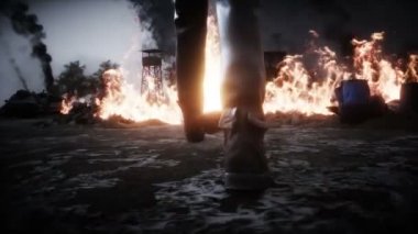 Mahvolmuş bir kıyamet şehrindeki zombi. Mahşer günü görüntüsü. Zombi kıyameti var. Gerçekçi 4k animasyonu.