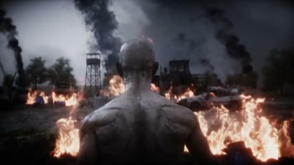 Zombie in a burning ruined apocalyptic city. Armageddon view. Zombie apocalypsis. Realistic 4k animation. — Stock Video