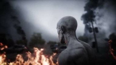 Mahvolmuş bir kıyamet şehrindeki zombi. Mahşer günü görüntüsü. Zombi kıyameti var. Gerçekçi 4k animasyonu.