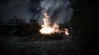 Mahvolmuş bir kıyamet şehrindeki zombi. Mahşer günü görüntüsü. Zombi kıyameti var. Gerçekçi 4k animasyonu.