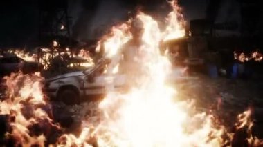 Mahvolmuş bir kıyamet şehrindeki zombi. Mahşer günü görüntüsü. Zombi kıyameti var. Gerçekçi 4k animasyonu.