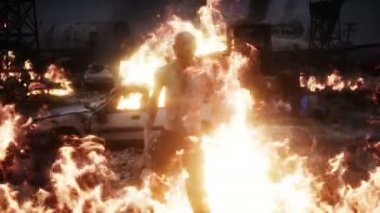 Mahvolmuş bir kıyamet şehrindeki zombi. Mahşer günü görüntüsü. Zombi kıyameti var. Gerçekçi 4k animasyonu.