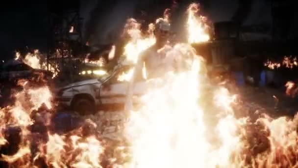 Zombie en una ciudad apocalíptica en ruinas en llamas. Vista del Armagedón. Apocalypsis Zombie. Animación realista 4k. — Vídeo de stock