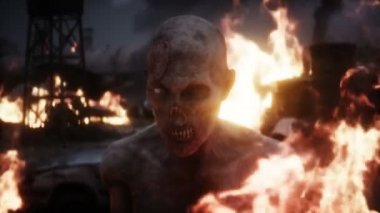 Mahvolmuş bir kıyamet şehrindeki zombi. Mahşer günü görüntüsü. Zombi kıyameti var. Gerçekçi 4k animasyonu.