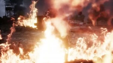 Mahvolmuş bir kıyamet şehrindeki zombi. Mahşer günü görüntüsü. Zombi kıyameti var. Gerçekçi 4k animasyonu.