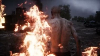 Mahvolmuş bir kıyamet şehrindeki zombi. Mahşer günü görüntüsü. Zombi kıyameti var. Gerçekçi 4k animasyonu.