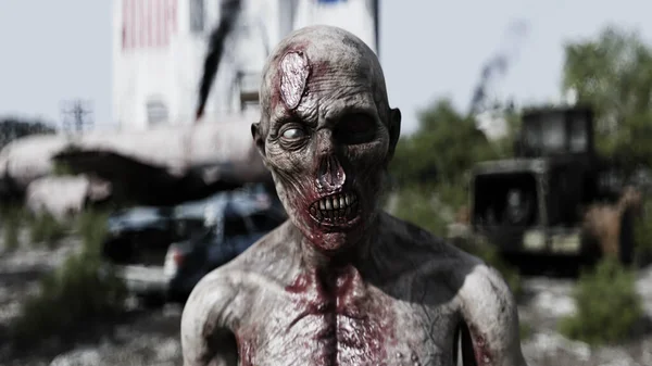 Zombie w spalonym, zrujnowanym, apokaliptycznym mieście. Widok armagedonu. — Zdjęcie stockowe