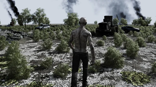 Zombie en una ciudad apocalíptica en ruinas en llamas. Vista del Armagedón. — Foto de Stock