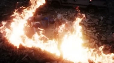 Mahvolmuş bir kıyamet şehrindeki zombi. Mahşer günü görüntüsü. Zombi kıyameti var. Gerçekçi 4k animasyonu.