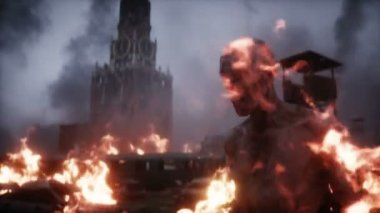 Yanan bir zombi Moskova 'nın kıyamet gününü mahvetti. Rus Mahşer Günü görüşü. 4k animasyon