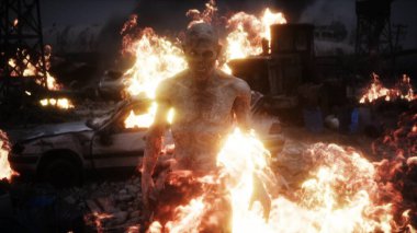 Mahvolmuş bir kıyamet şehrindeki zombi. Armageddon görünümü.
