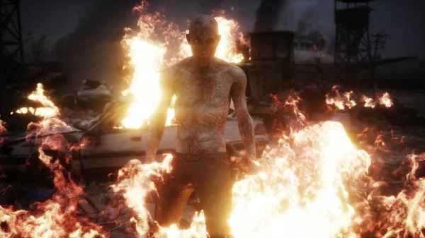 Zombie in einer brennenden apokalyptischen Ruinenstadt. Weltuntergang im Blick. — Stockfoto