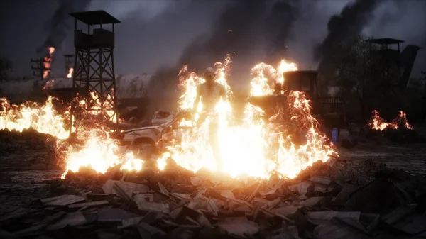 僵尸在燃烧的毁灭了的世界末日城市。Armageddon视图. — 图库照片