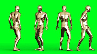 Altın Adam karakteri animasyonu. Yeşil ekranda izole et. 3d oluşturma.