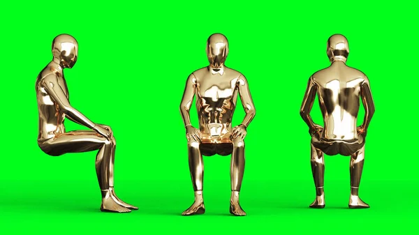 黄金の男のキャラクターアニメーション。緑色の画面で隔離します。3Dレンダリング. — ストック写真