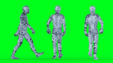 Buz, cam adam karakteri animasyonu. Yeşil ekranda izole et. 3d oluşturma