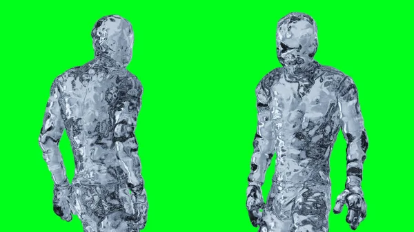 Ice, glass man character animation. Isolate on green screen. 3d rendering — Stock Photo, Image