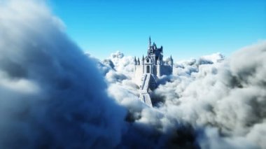 Bulutlardaki peri masalı sarayı. Hava görüntüsü. Bulutlarda uçmak Gerçekçi 4k animasyon