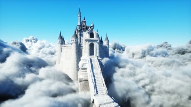 Palácio de conto de fadas nas nuvens. Vista aérea. Voando em nuvens Animação 4k realista — Vídeo de Stock