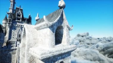 Bulutlardaki peri masalı sarayı. Hava görüntüsü. Bulutlarda uçmak Gerçekçi 4k animasyon