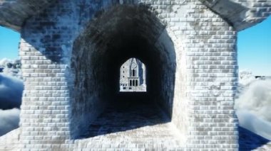 Bulutlardaki peri masalı sarayı. Hava görüntüsü. Bulutlarda uçmak Gerçekçi 4k animasyon