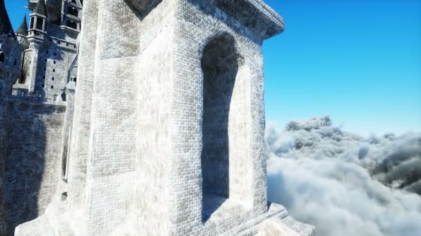 Palacio de cuento de hadas en las nubes. Vista aérea. Volando en las nubes Realista animación 4k — Vídeo de stock