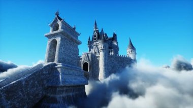 Bulutlardaki peri masalı sarayı. Hava görüntüsü. Bulutlarda uçmak Gerçekçi 4k animasyon