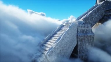 Bulutlardaki peri masalı sarayı. Hava görüntüsü. Bulutlarda uçmak Gerçekçi 4k animasyon