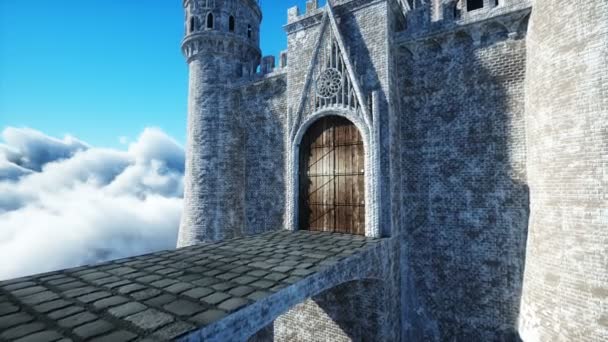 Pohádkový palác v oblacích. Letecký pohled. Létání v oblacích Realistická 4k animace — Stock video