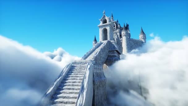 Palacio de cuento de hadas en las nubes. Vista aérea. Volando en las nubes Realista animación 4k — Vídeos de Stock