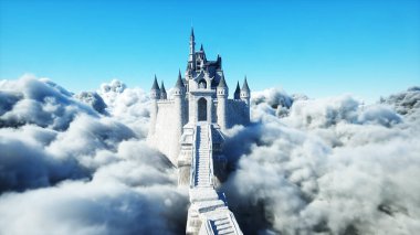 Bulutlardaki peri masalı sarayı. Hava görüntüsü. Bulutlar. 3d oluşturma