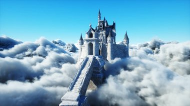 Bulutlardaki peri masalı sarayı. Hava görüntüsü. Bulutlar. 3d oluşturma