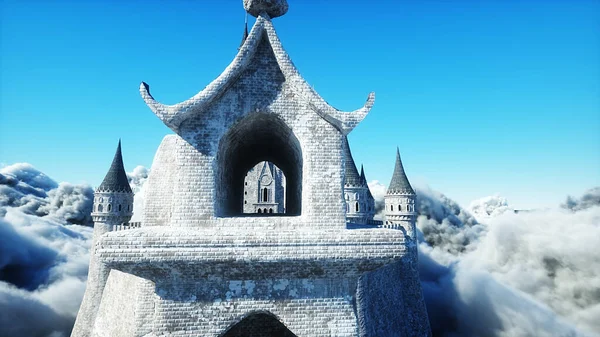 Fairytale palace in clouds. Aerial view. Overclouds. 3d rendering — Stock Photo, Image