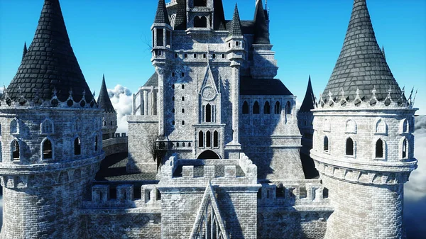 Fairytale palace in clouds. Aerial view. Overclouds. 3d rendering — Stock Photo, Image