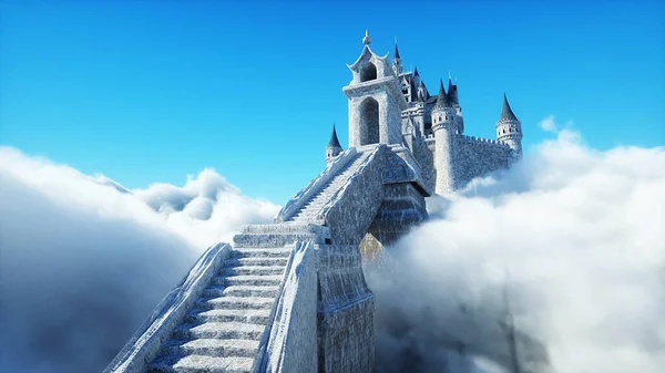 Fairytale palace in clouds. Aerial view. Overclouds. 3d rendering — Stock Photo, Image