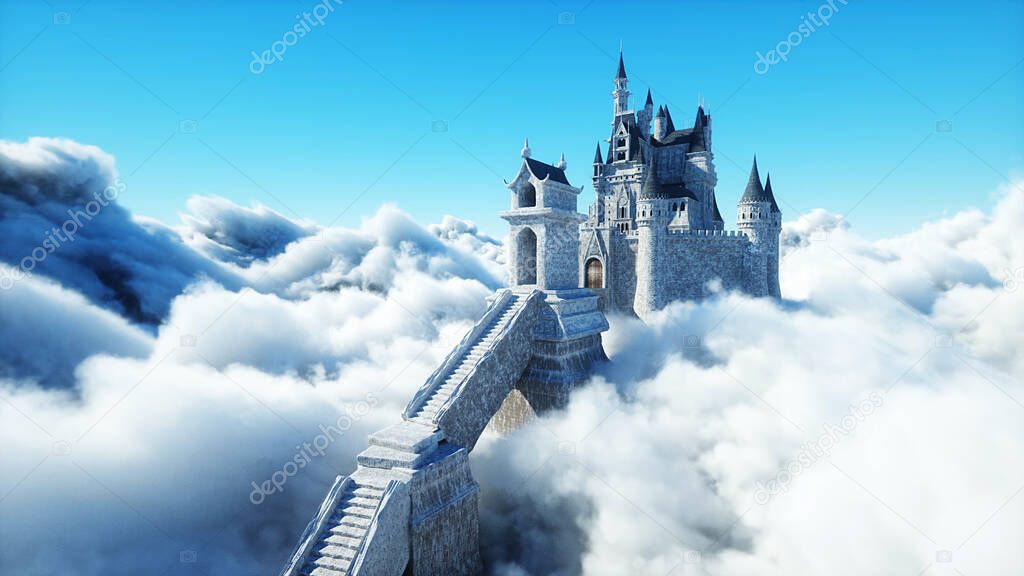 Fairytale palace in clouds. Aerial view. Overclouds. 3d rendering